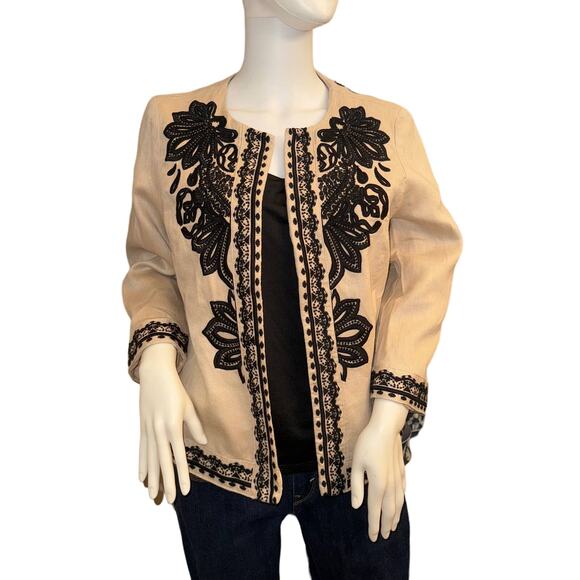 Chico's Women's Tan and Black Embroidered Linen Jacket Size Small - Picture 1 of 7